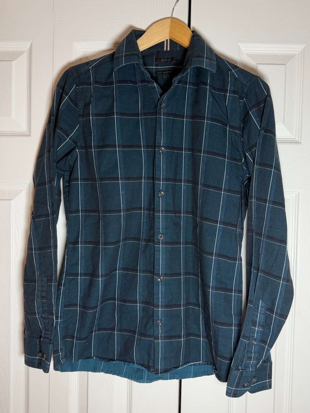RW&CO Men’s Slim Fit Plaid Button Down Shirt Teal Blue Size Small